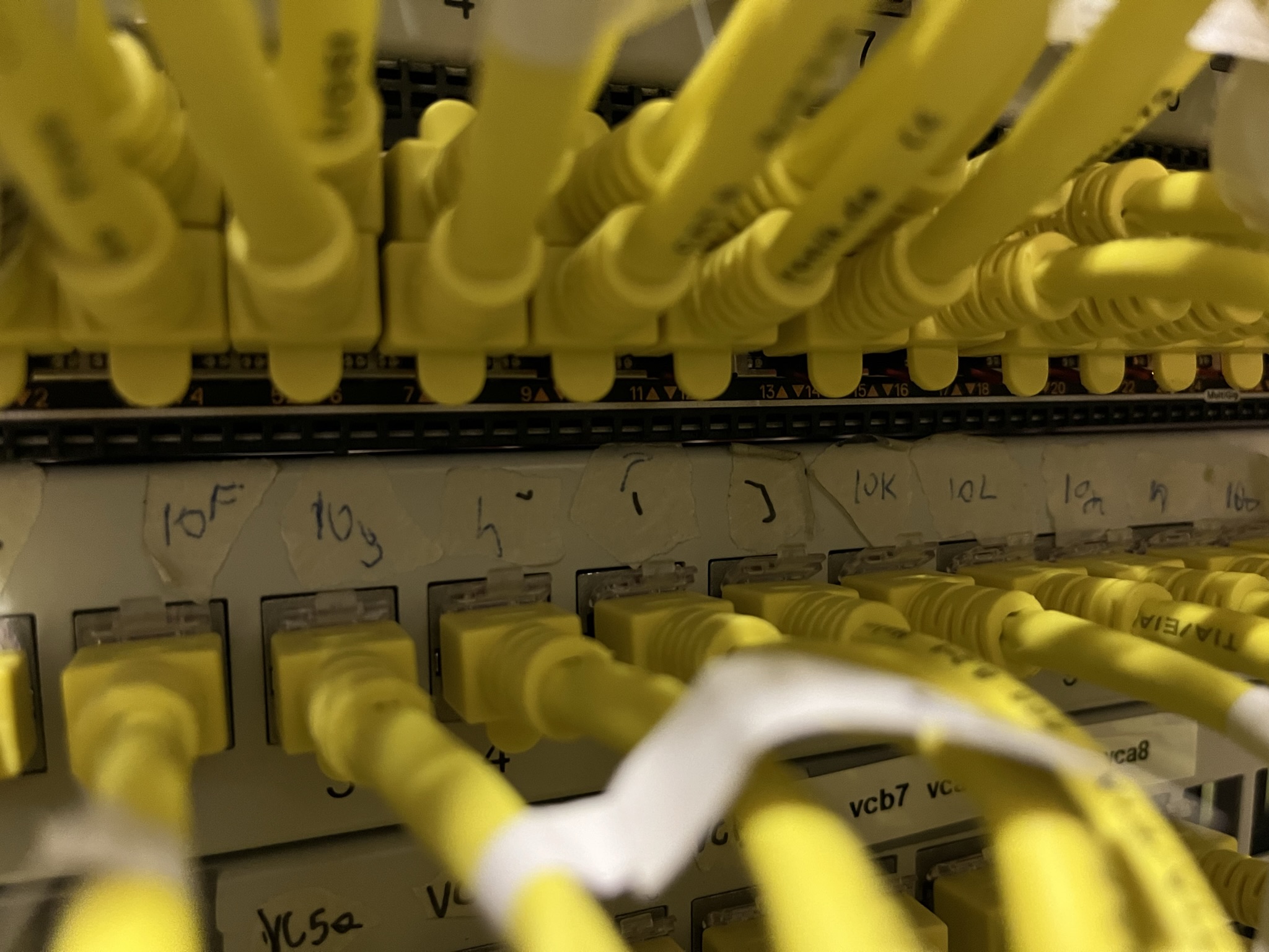 Mess of yellow network cables with some very questionable hand-written labels.